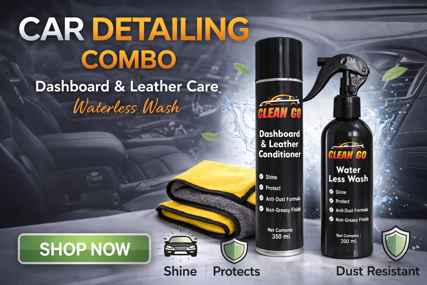 CLEAN GO'S COMBO WATERLESS+ DASHBOARD & LEATHER CONDITIONER+MICROFIBER CLOTH
